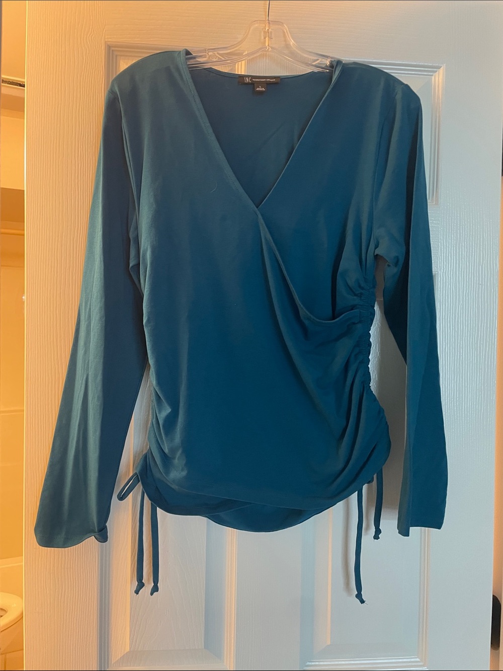INC International Concepts Teal Wrap-Style Long Sleeve Top with Side Ruching